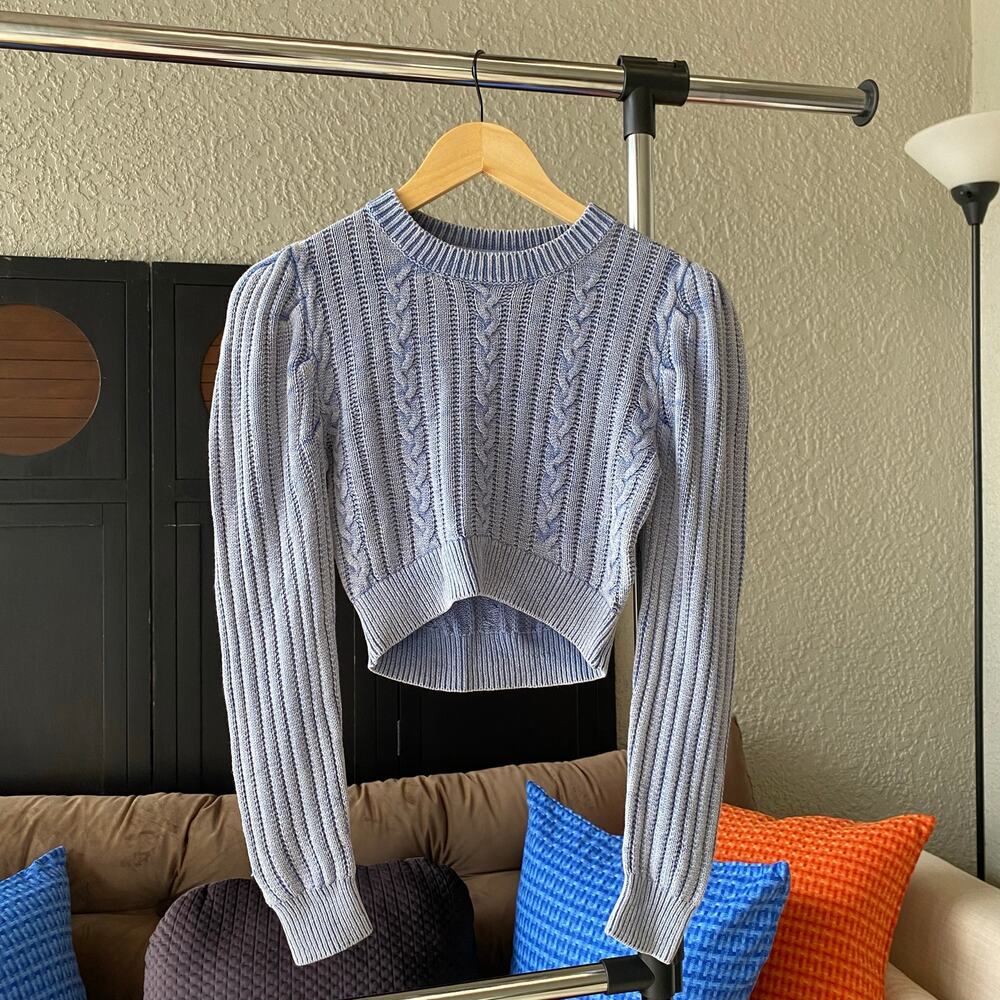 Urban Outfitters Cable Knit Crop Sweater Blue Cotton Acrylic Crewneck Casual